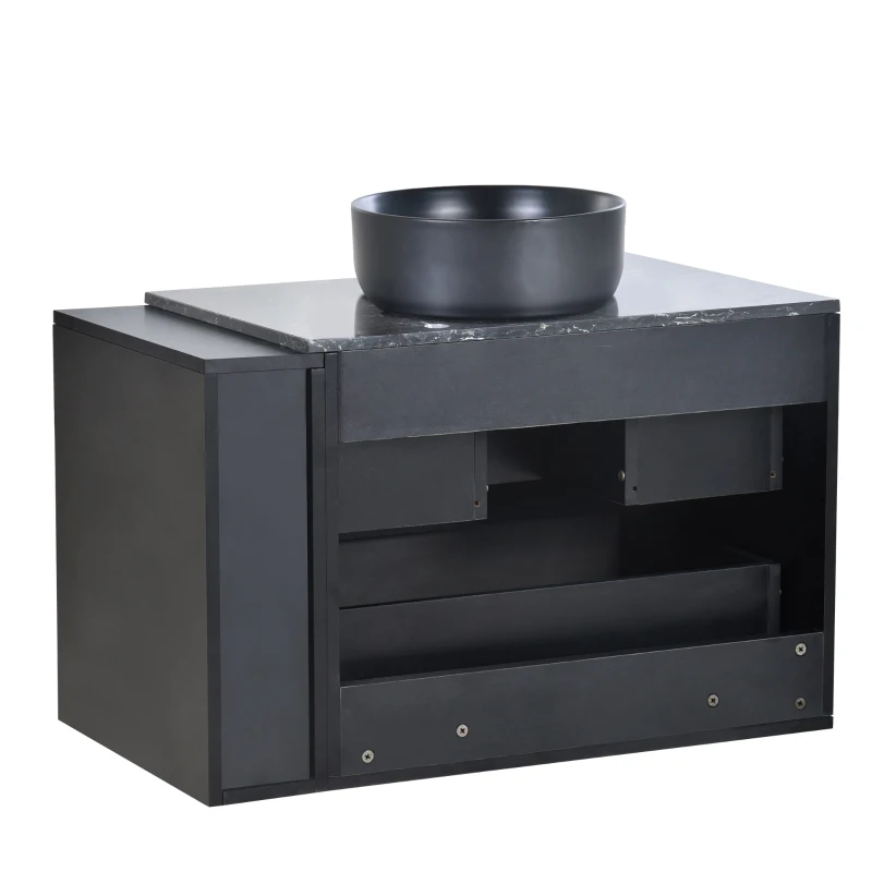 Meuble sous-lavabo suspendu 80 cm de large, avec lavabo en céramique et tiroirs, design moderne, MDF, 80×44×60,5 cm, Noir+Gris