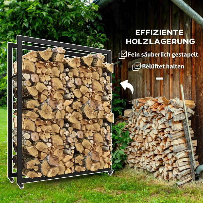 Outsunny Brandhoutrek met Wielen, Mobiel, Metalen Frame, tot 150 kg, 120 x 32 x 151 cm, Zwart