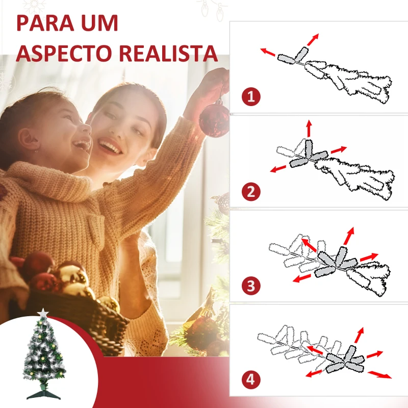 HOMCOM Árvore de Natal 90 cm Árvore de Natal com Fibra Óptica Árvore de Natal Artificial com 90 Luzes LED e 90 Ramos Verde e Branco