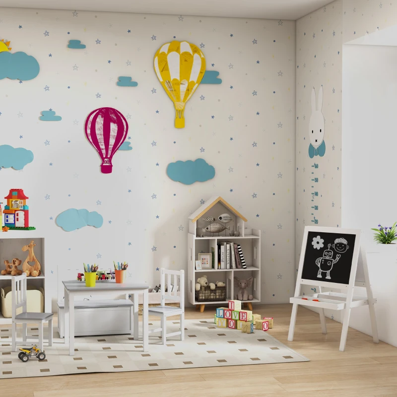 HOMCOM Conjunto Infantil de Mesa 2 Cadeiras e Banco com Armazenamento Móveis Infantil para Sala de Jogos  Branco e Cinza