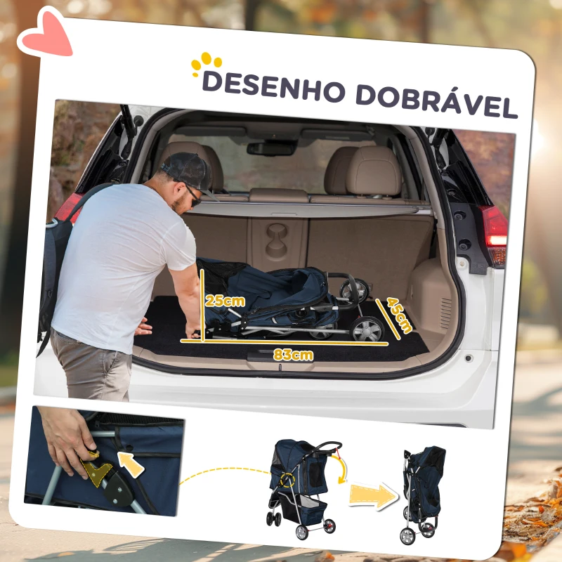 PawHut Carrinho para Animais de Estimação Dobrável com Rodas Giratórias Cesto e Suporte para Copos 75x45x97 cm Azul Escuro