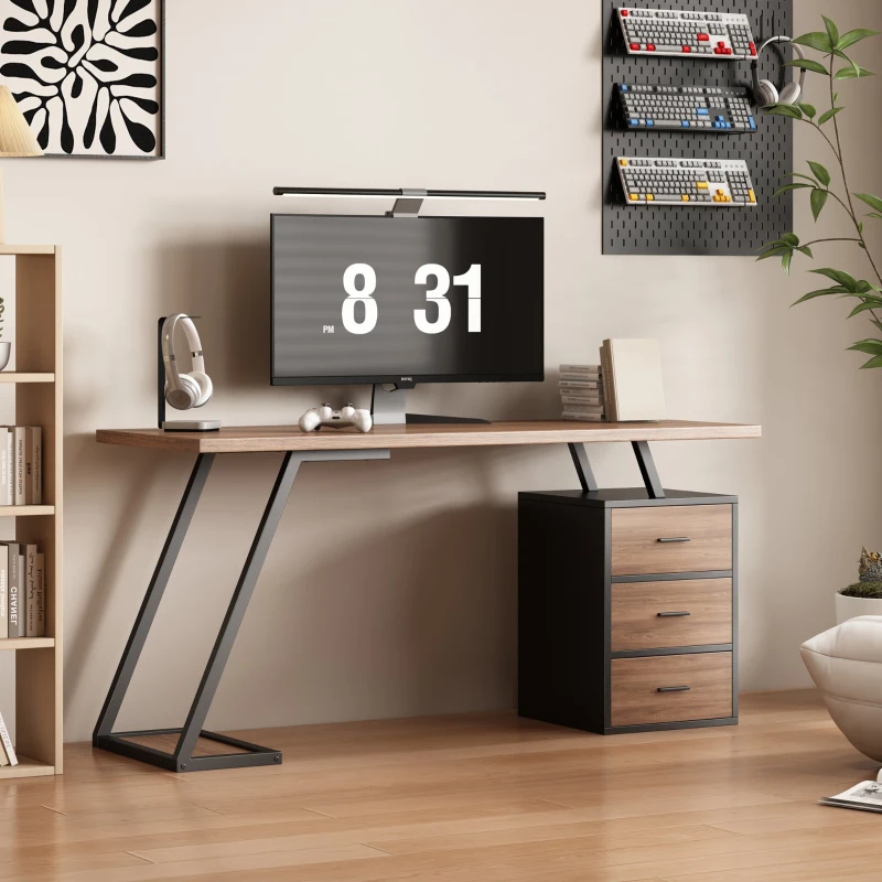 Bürotisch, Arbeitstisch mit 3 Schubladen, Industrial Schreibtisch, MDF, Soft-Close-Funktion, großer Stauraum, 140×59,5×75 cm, Dunkelbraun