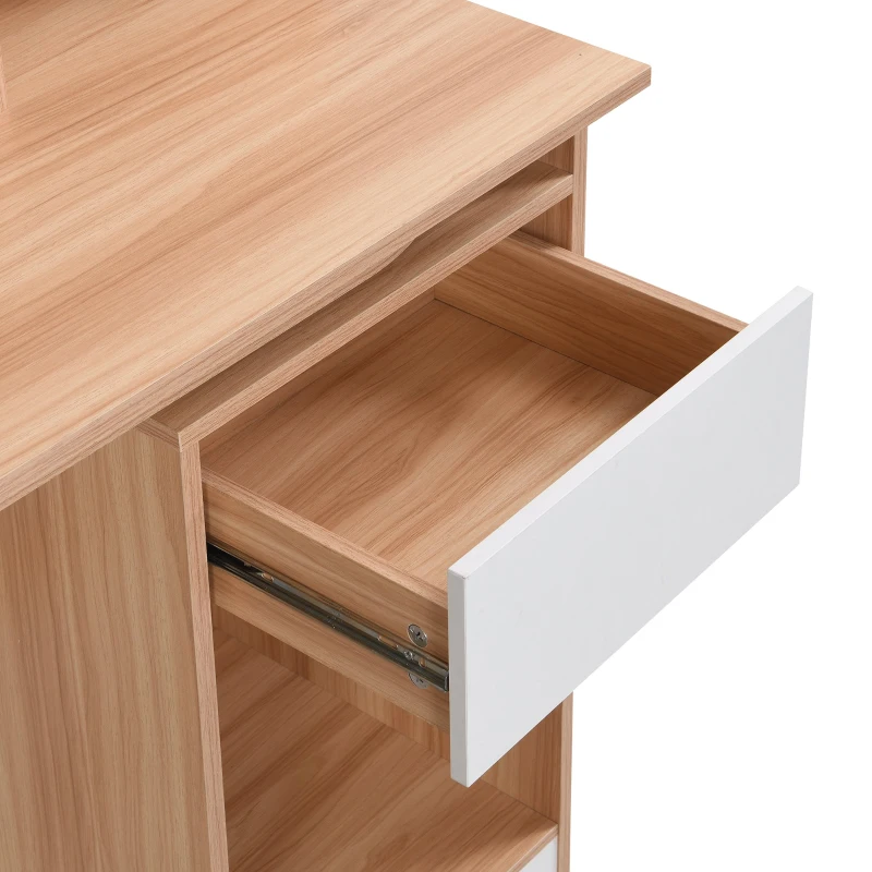 Computertisch mit Regal und Schrank, Arbeitstisch mit Acryltüren, drehbarem Design und Kabelloch, 110×55×180,7 cm, Naturfarbe+Weiß