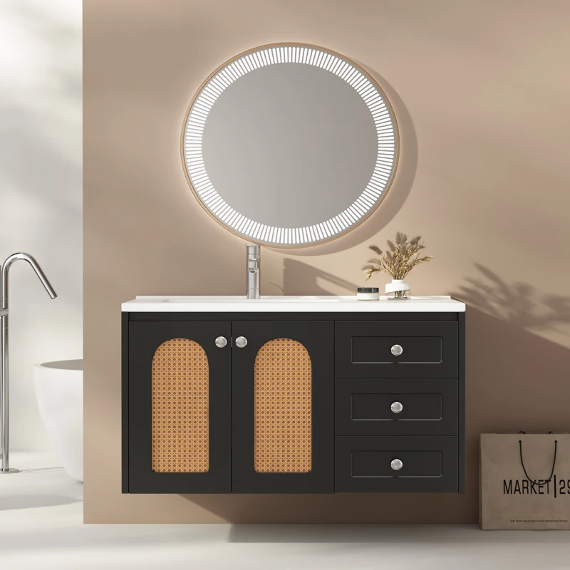 Ensemble de meubles de salle de bain avec 3 tiroirs, lavabo 90,5 cm, design en rotin, plan de travail sans joint, 90,5×46,3×54,5 cm, Noir