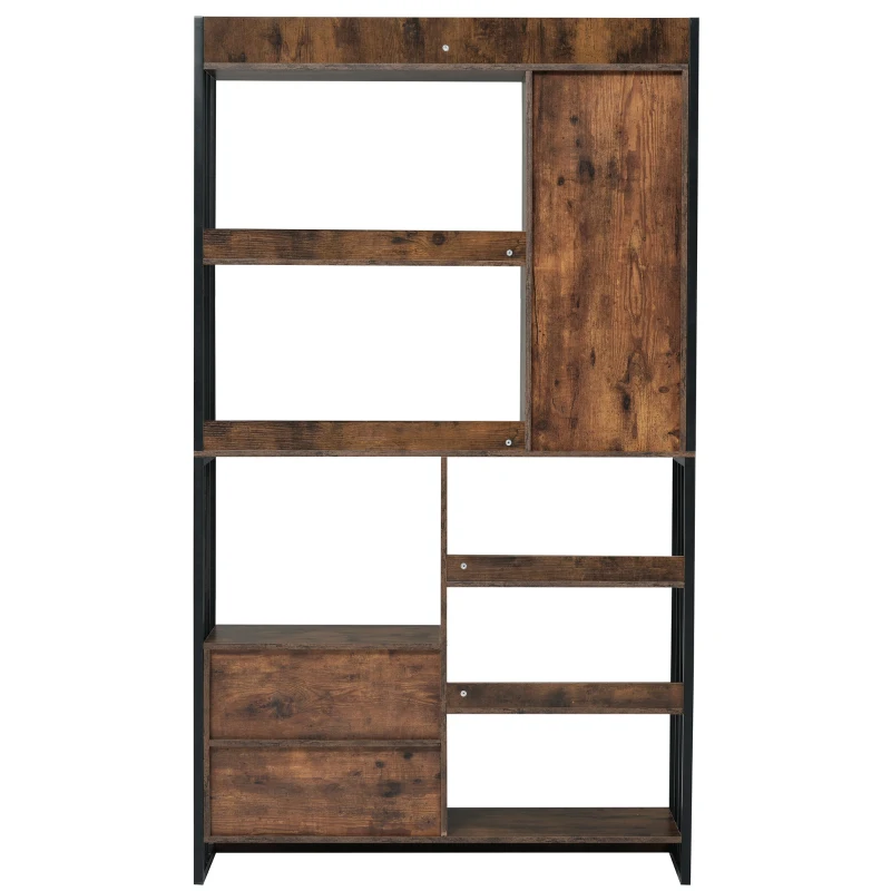 Industrielles Bücherregal mit 6 Regalböden, Türen und Schubladen, Stahlrahmen, 100×30×173,5 cm, Schwarzbraun