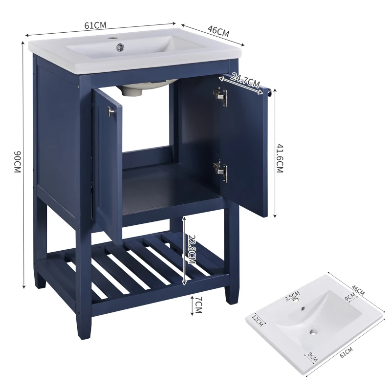 Badmöbel, Einzelwaschtisch mit Unterschrank, 61 cm, Keramik-Waschbecken, Anti-Rutsch-Pads, wasserdicht und abriebfest, 61×46×90 cm, Marineblau