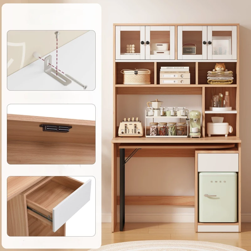 Bureau d'ordinateur avec étagère et armoire, table de travail avec portes en acrylique, design pivotant et trou pour câbles, 110×55×180,7 cm, Naturel+Blanc