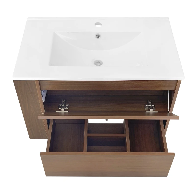 Meuble sous-lavabo suspendu 75,6 cm de longeur, avec lavabo en céramique, tiroirs, design moderne, veinure de bois brun, étanche, Marron