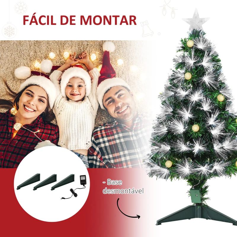 HOMCOM Árvore de Natal 90 cm Árvore de Natal com Fibra Óptica Árvore de Natal Artificial com 90 Luzes LED e 90 Ramos Verde e Branco