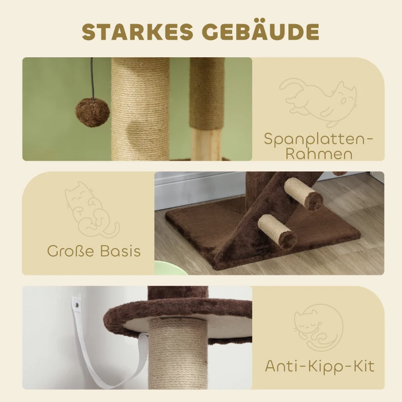 PawHut Drapak dla Kota Sufitowy, Regulowany 225-265 cm, z Kondominiem, Drabinką, Platformami, Pluszowy, Brązowy