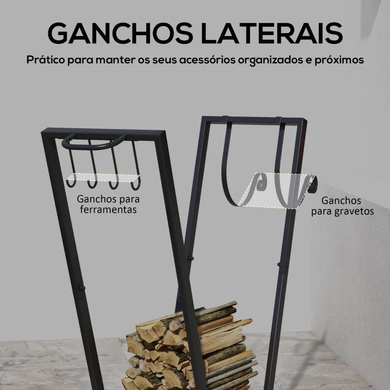 Outsunny Suporte para Lenha Metálico Lenheiro de Exterior com Rodas e Gancho para Interior e Exterior Carga 50 kg 79x30x81 cm Preto
