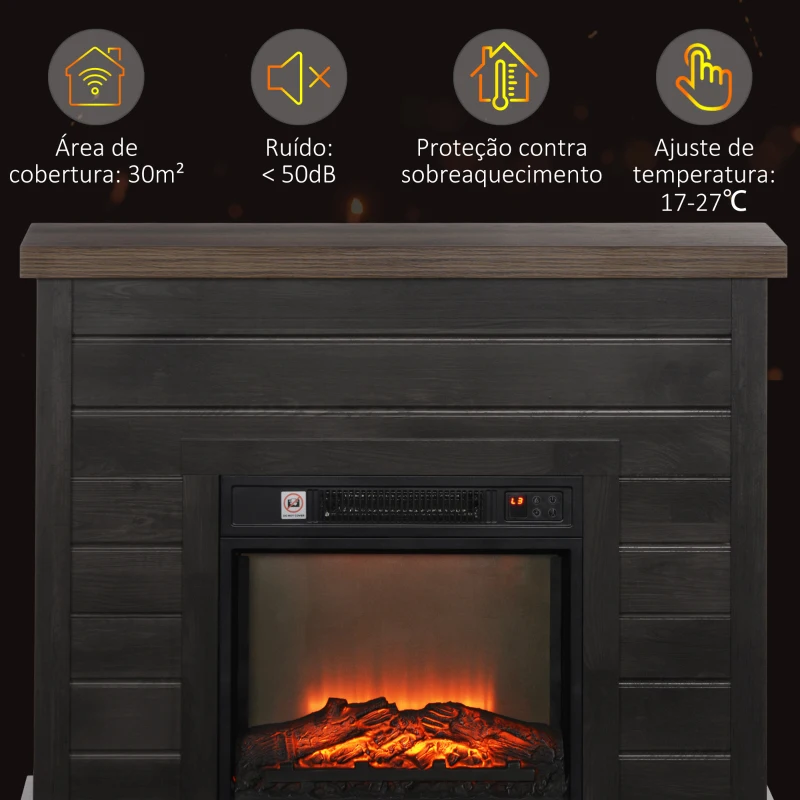 HOMCOM Lareira Elétrica 1800W Lareira Decorativa com Efeito de Chama Realista Temporizador para Ambientes de 30 m² 96,5x22x81,7 cm Marrom Acinzentado