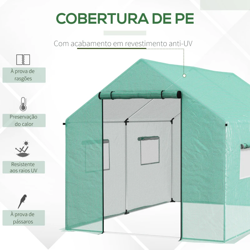 Outsunny Estufa tipo Túnel 2x3x2 m Estufa de Exterior com 4 Janelas de Malha e Porta com Fecho de Correr Estufa para Cultivos Anti UV Verde