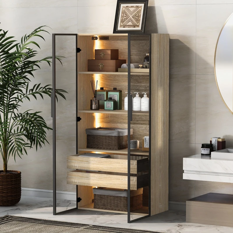 Armoire de salle de bain avec éclairage LED, 2 grands tiroirs et 2 portes en verre, 74×36×155 cm, Naturel