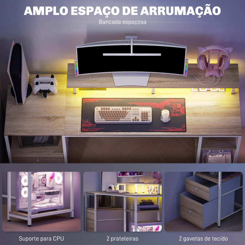 HOMCOM Mesa para Computador com Luzes LED Prateleiras Gavetas Plug Entrada USB e Suporte para Monitor 155,5x48x75,5 cm Madeira