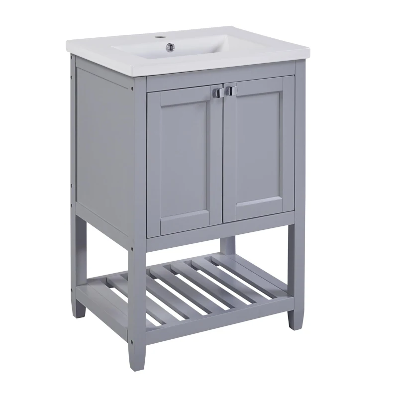 Badmöbel, Einzelwaschtisch mit Unterschrank, 61 cm, Keramik-Waschbecken, leicht zu reinigen, bodenstehendes Design, Anti-Rutsch-Pads, wasserdicht, 61×46×90 cm, Grau+Weiß