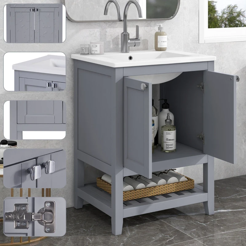 Badmöbel, Einzelwaschtisch mit Unterschrank, 61 cm, Keramik-Waschbecken, leicht zu reinigen, bodenstehendes Design, Anti-Rutsch-Pads, wasserdicht, 61×46×90 cm, Grau+Weiß