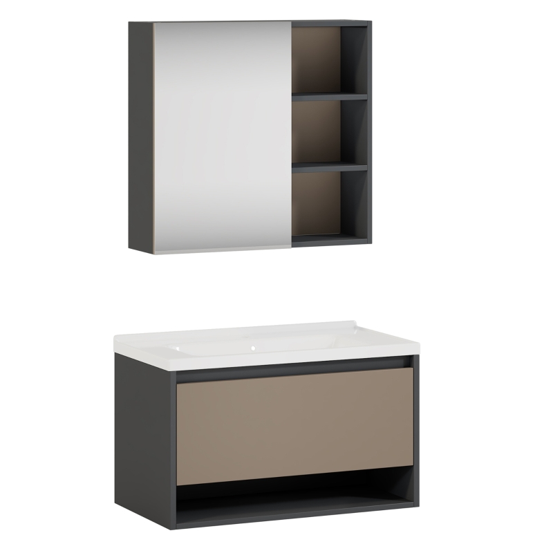 Badmöbel Set, Hängender Waschbeckenunterschrank, 90 cm lang, mit Keramik-Waschbecken, Schubladen und Spiegelschrank, Einfache Montage, Großzügiger Stauraum, Grau