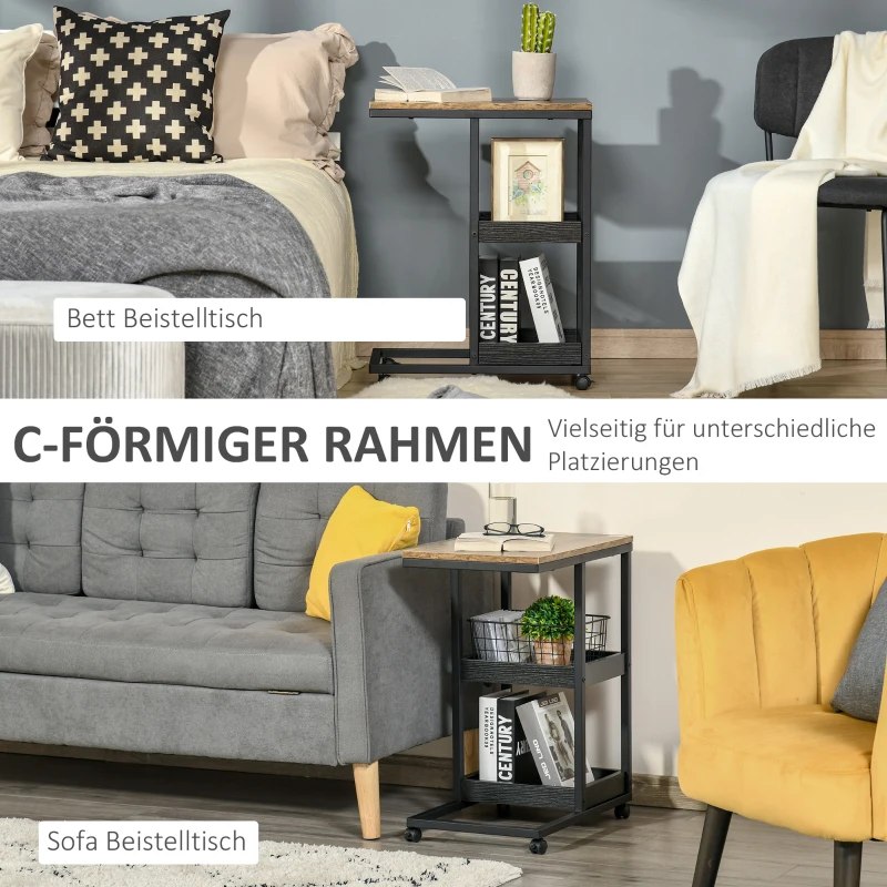 HOMCOM Bijzettafel op Wielen voor Sofa of Bed, Industriële Stijl, Staal en Hout, Bruin en Zwart