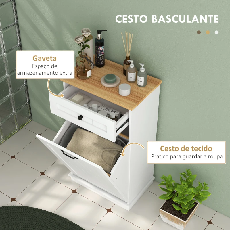 HOMCOM Móvel Auxiliar Casa de Banho Armário Casa de Banho com Gaveta Cesto para Roupa Móvel Casa de Banho Moderno 52x33x90 cm Branco