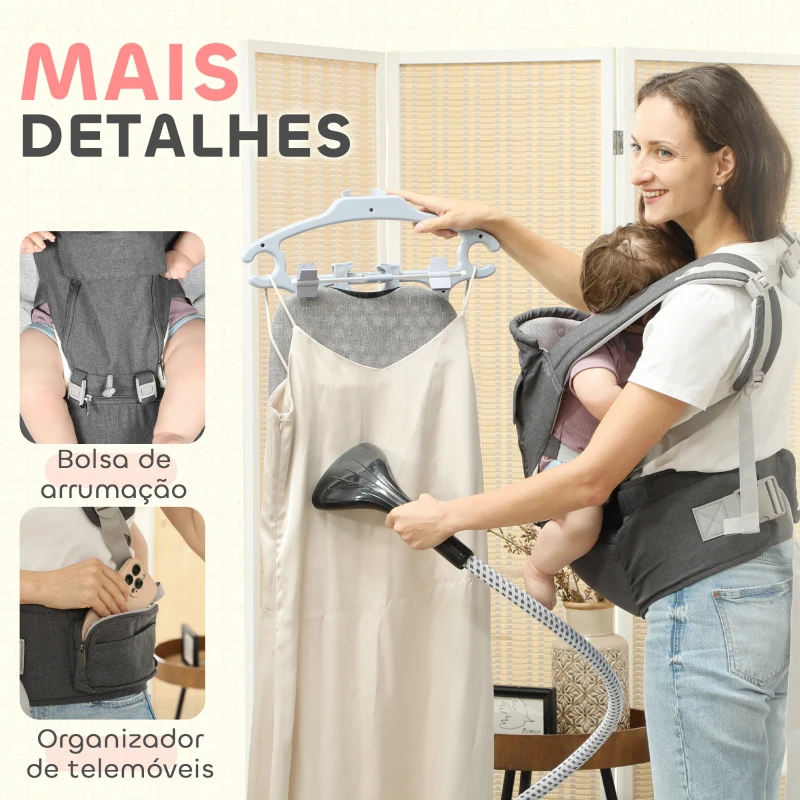 AIYAPLAY Marsúpio para Recém Nascidos até 36 Meses Mochila Porta Bebés com Assento Amovível Cinto Ajustável 40x30x57 cm Cinza