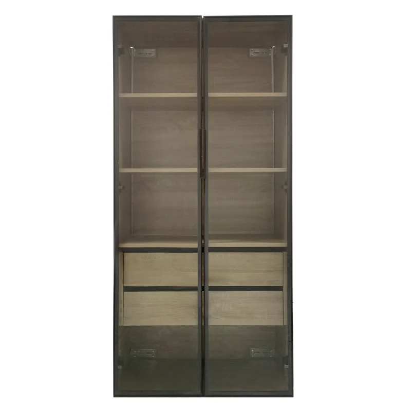 Ensemble de 2 armoires de salle de bain avec éclairage LED, 2 grands tiroirs et 2 portes, verre dépoli, 74×36×155 cm, Naturel