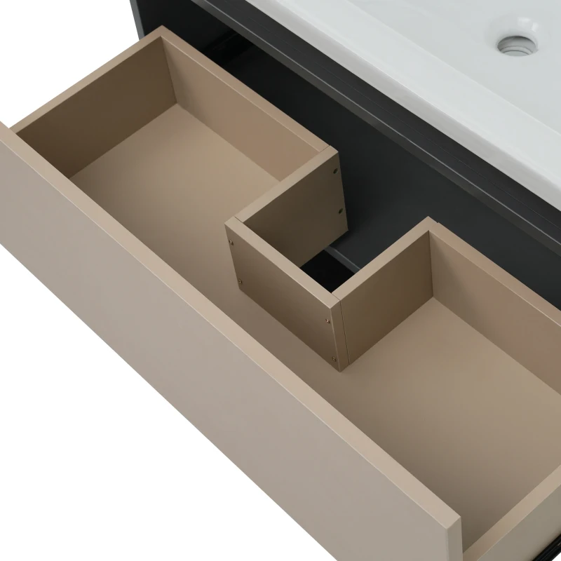 Meuble sous-lavabo suspendu 90 cm de longeur, avec lavabo en céramique et tiroirs, design moderne, grand espace de rangement,Gris