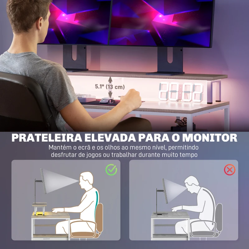 HOMCOM Mesa para Computador com Luzes LED Prateleiras Gavetas Plug Entrada USB e Suporte para Monitor 155,5x48x75,5 cm Madeira