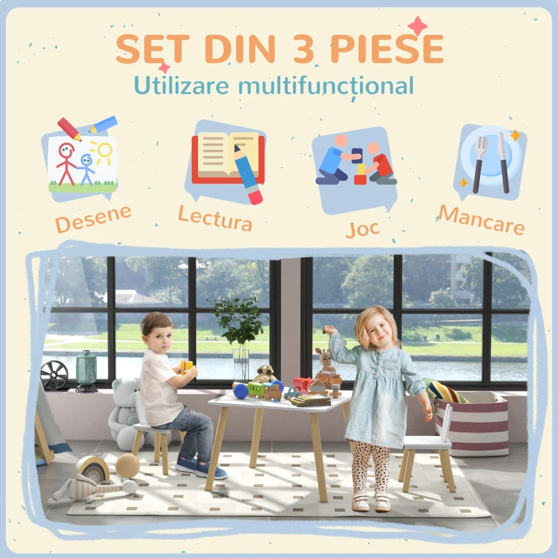 AIYAPLAY Set Masă și 2 Scaune pentru Copii 3-6 ani, Masă și Scaune cu Spătar în Formă de Urechi, 60x60x44 cm, Alb