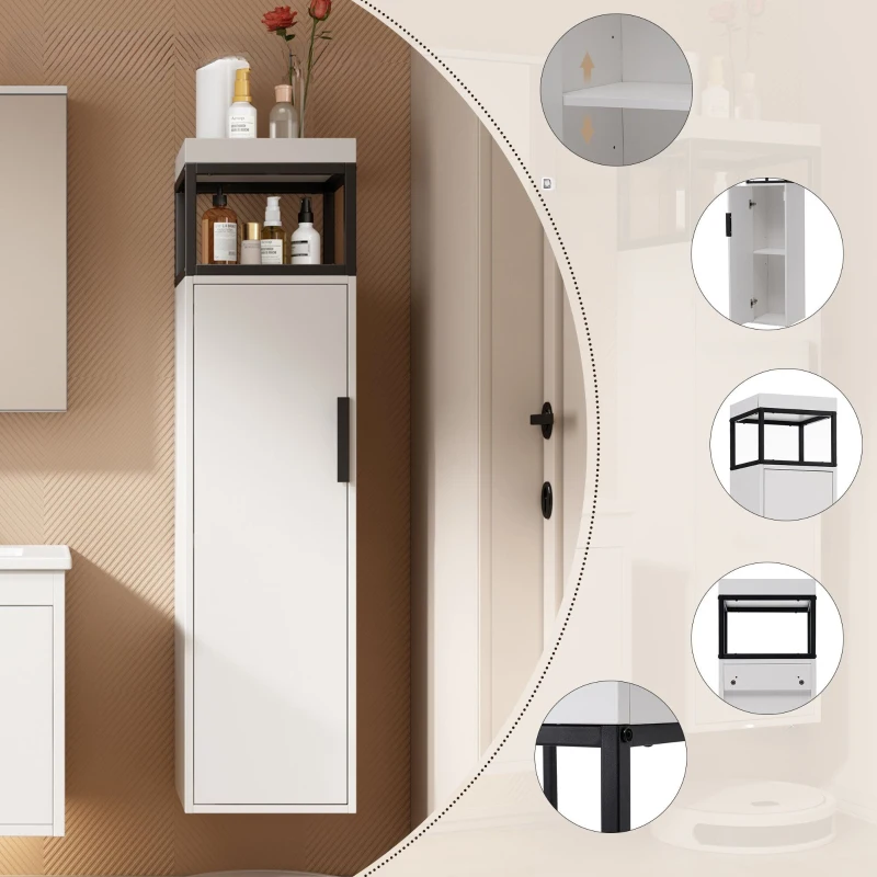 Meuble de salle de bain avec compartiments de rangement, étagères réglables, fixation murale, 30×30×120 cm,Blanc+Noir