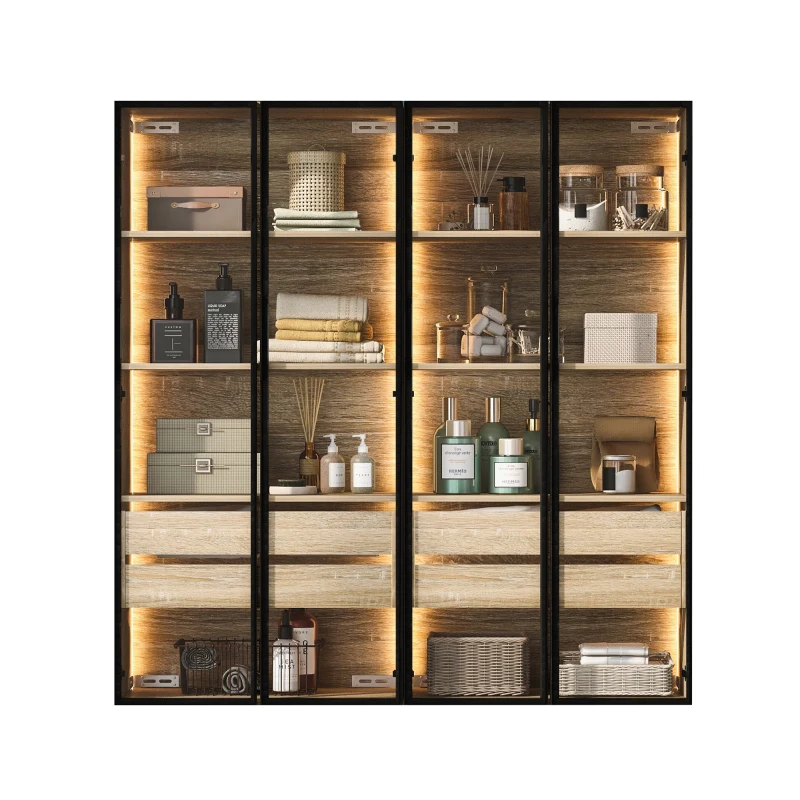 Ensemble de 2 armoires de salle de bain avec éclairage LED, 2 grands tiroirs et 2 portes, verre dépoli, 74×36×155 cm, Naturel