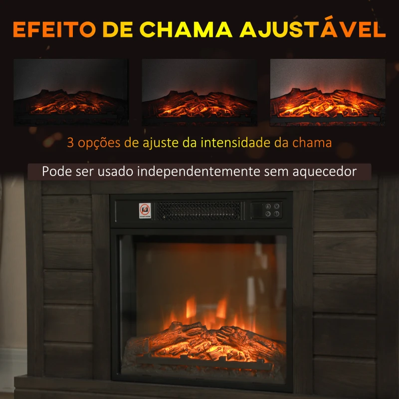 HOMCOM Lareira Elétrica 1800W Lareira Decorativa com Efeito de Chama Realista Temporizador para Ambientes de 30 m² 96,5x22x81,7 cm Marrom Acinzentado