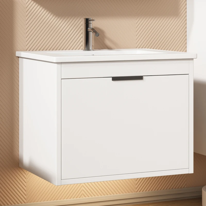 Meuble sous-lavabo suspendu 59 cm de longeur, avec lavabo en céramique et tiroirs, design moderne, 59×46,5×47 cm,Blanc