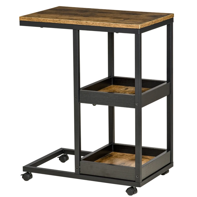 HOMCOM Mesa Auxiliar Industrial em Forma de C com Rodas Prateleiras Abertas e Estrutura de Aço 51x33x66 cm Marrom Escuro e Preto