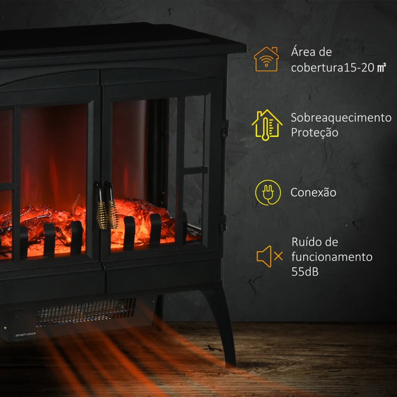 HOMCOM Lareira Elétrica 1000W/2000W com Luzes LED Chamas Realistas e Proteção Contra Superaquecimento para 15-20 ㎡ 60x37x60,5 cm Preto