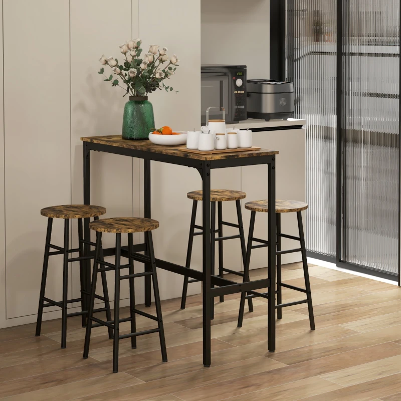 HOMCOM 5 Piece Bar Table Set with 4 Stools, Industrial Bar Table and Stool Set, Dining Table and Chair Set, Rustic Brown
