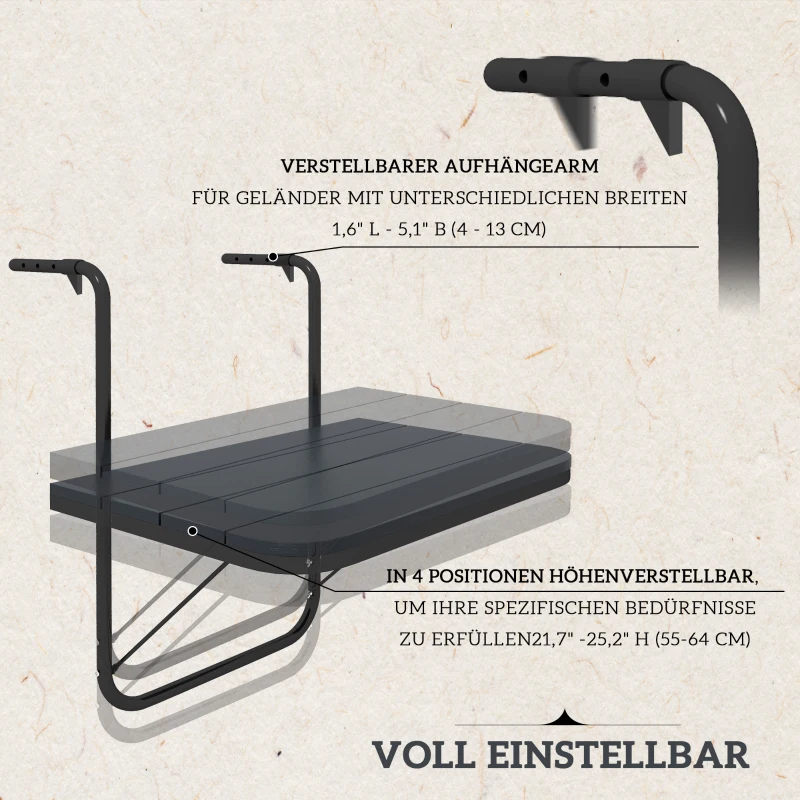 Outsunny Balkon Hangtafel, inklapbaar, in hoogte verstelbaar, aluminium frame, kunststof tafelblad, houtlook, zwart