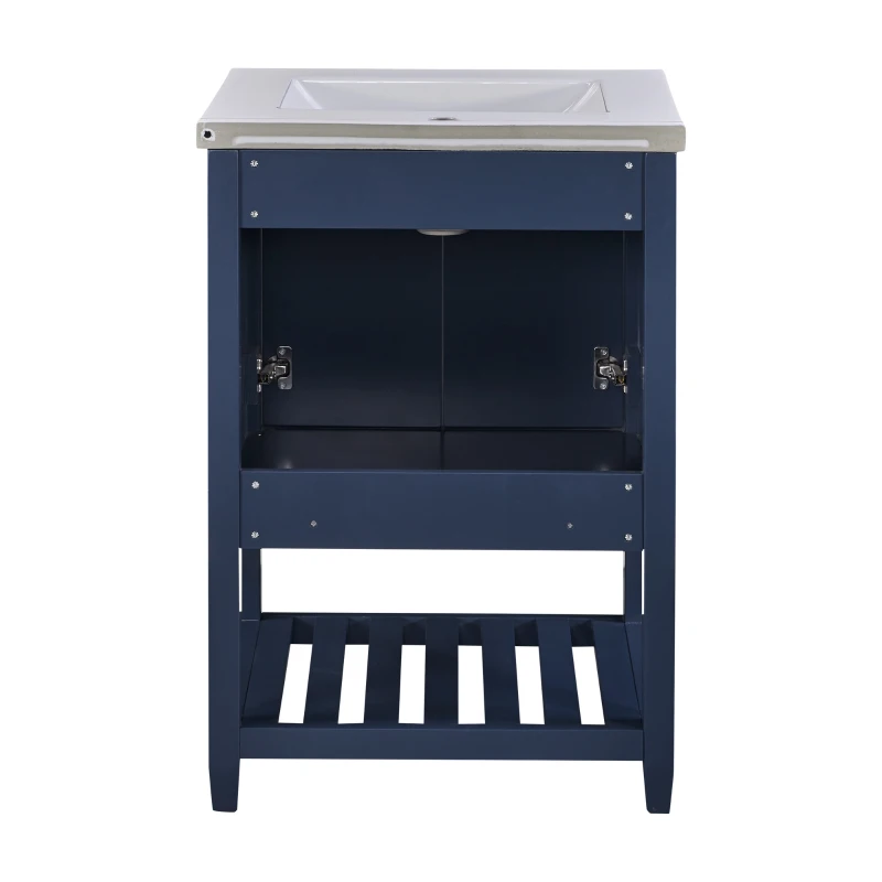 Meuble de salle de bain avec lavabo simple et meuble sous-vasque 61 cm, lavabo en céramique, patins antidérapants, étanche et résistant à l'abrasion, 61×46×90 cm, Bleu Marine