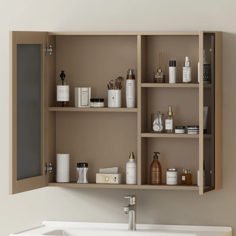 Armoire de salle de bain avec étagères, design en cadre métallique, armoire de rangement derrière le miroir, 80×12×75 cm,Brun clair