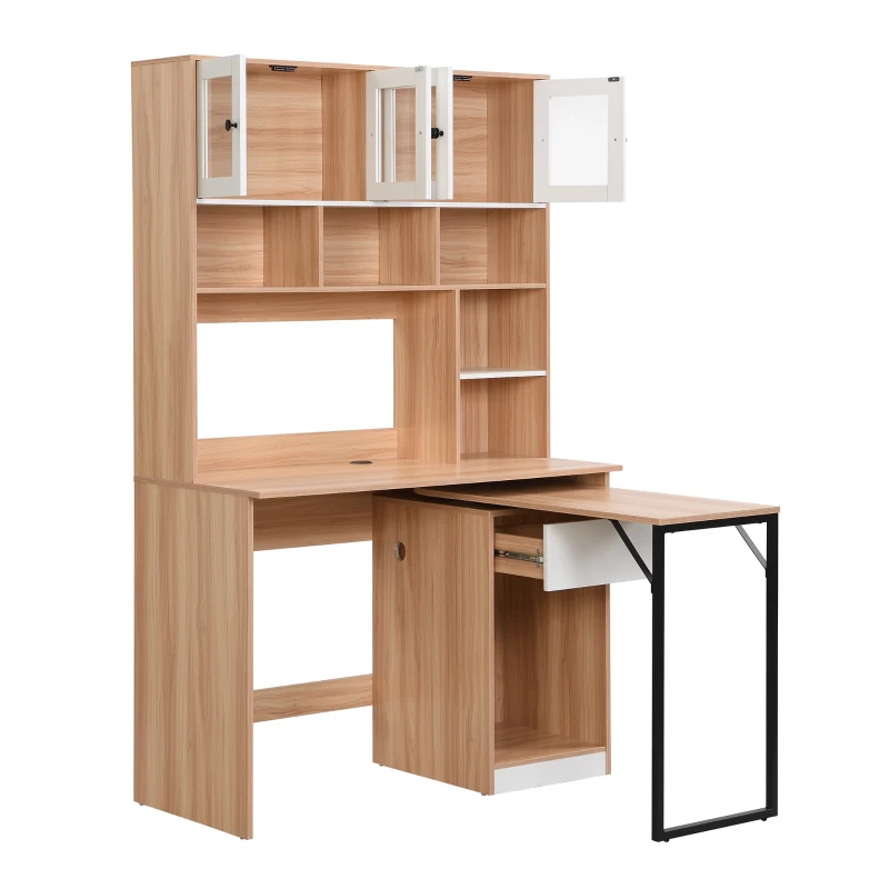 Computertisch mit Regal und Schrank, Arbeitstisch mit Acryltüren, drehbarem Design und Kabelloch, 110×55×180,7 cm, Naturfarbe+Weiß
