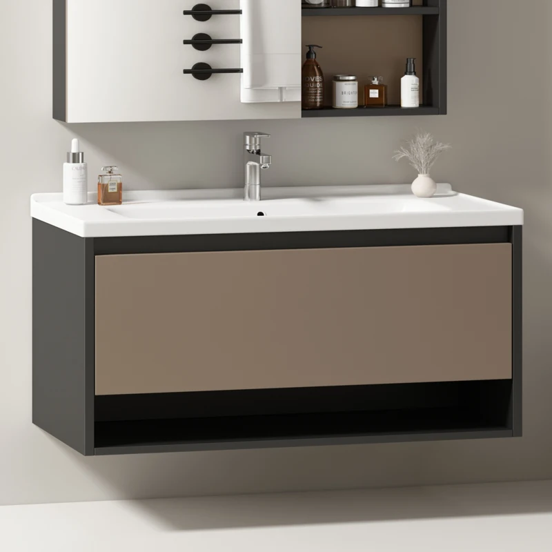 Waschbeckenunterschrank, hängend, 90 cm lang, mit Keramik-Waschbecken und Schubladen, modernes Design, großer Stauraum, Grau