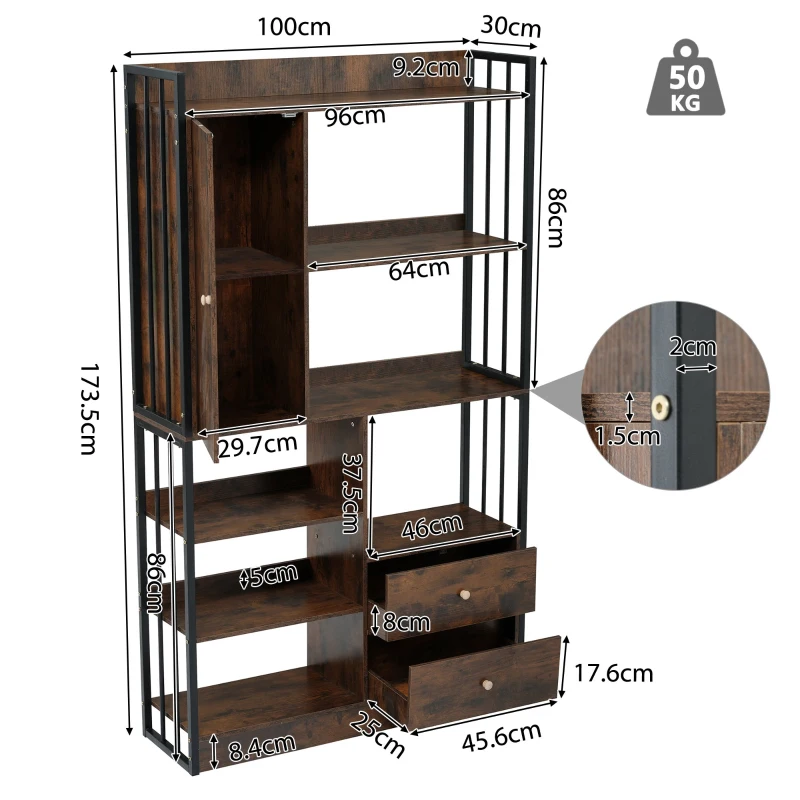 Bibliothèque avec 6 étagères, portes et tiroirs, sur pied, structure en acier, 100×30×173,5 cm,Noir Marron