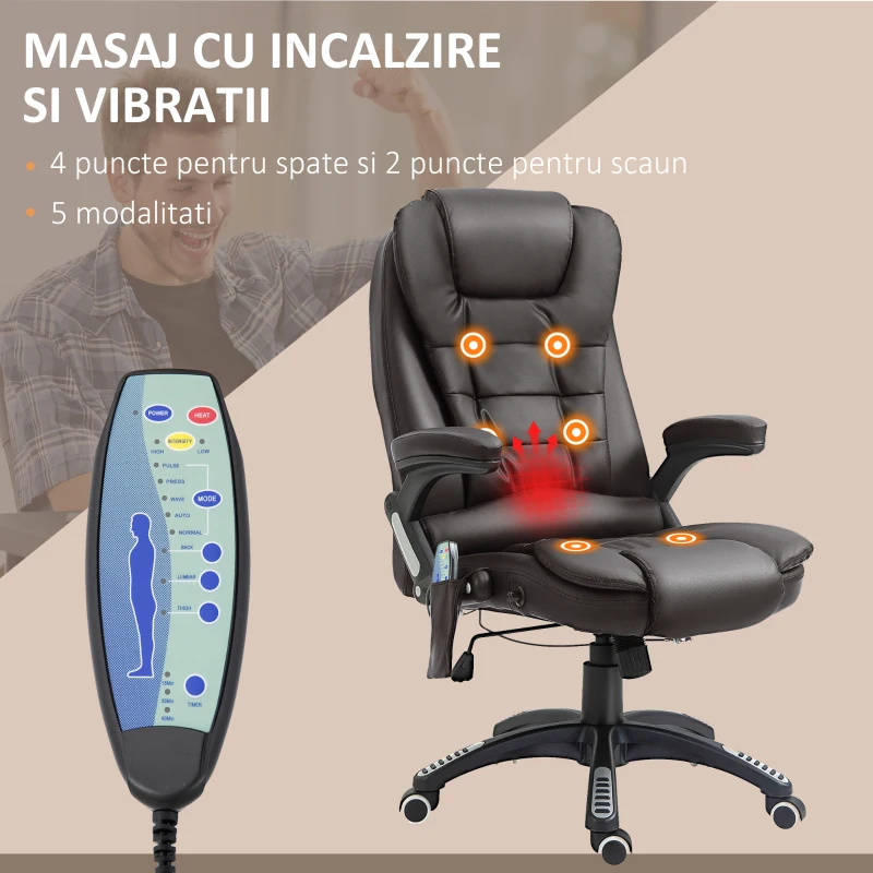 Homcom Fotoliu Birou 62×68×111–121 cm – Masaj, incalzire & Reglaj Electric
