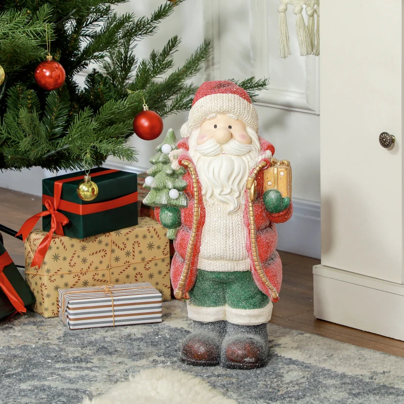 HOMCOM Kerstmanfiguur met Boom en Geschenk, 3 warmwitte LED's, batterijgevoed, 50 cm