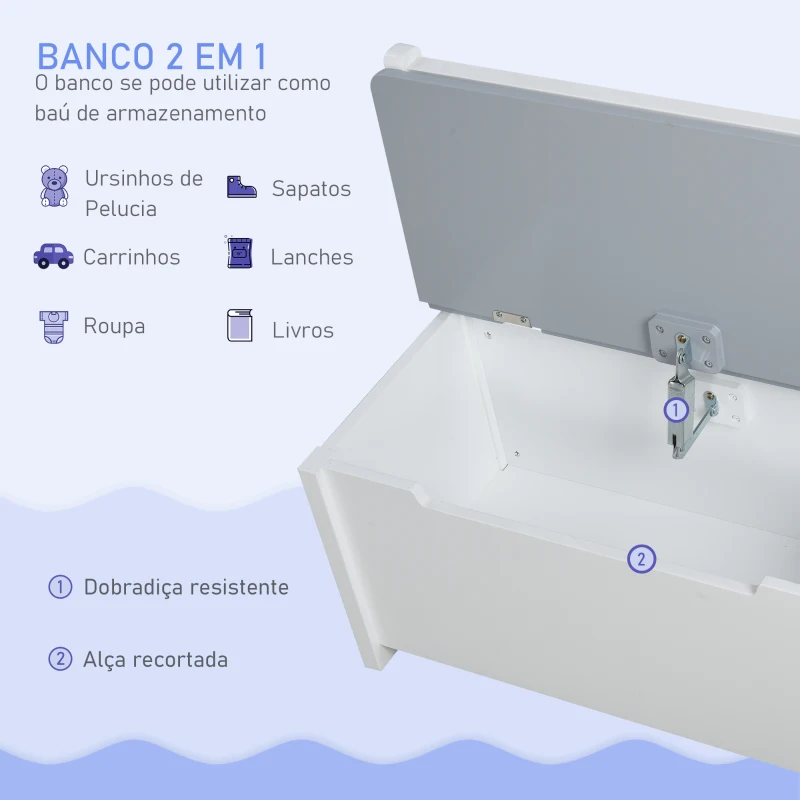 HOMCOM Conjunto Infantil de Mesa 2 Cadeiras e Banco com Armazenamento Móveis Infantil para Sala de Jogos  Branco e Cinza