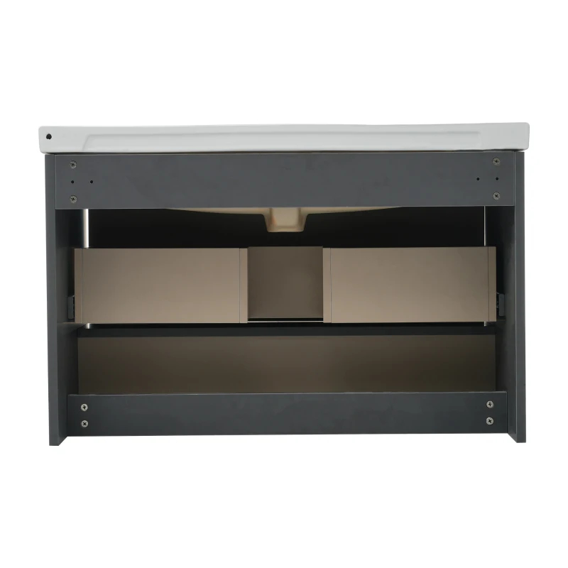 Meuble sous-lavabo suspendu 90 cm de longeur, avec lavabo en céramique et tiroirs, design moderne, grand espace de rangement,Gris