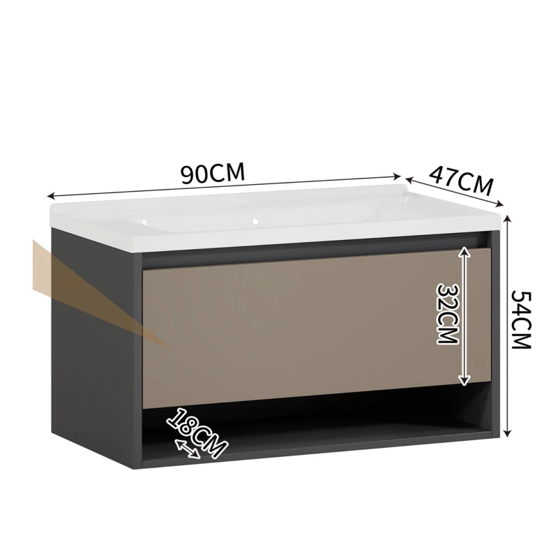 Waschbeckenunterschrank, hängend, 90 cm lang, mit Keramik-Waschbecken und Schubladen, modernes Design, großer Stauraum, Grau