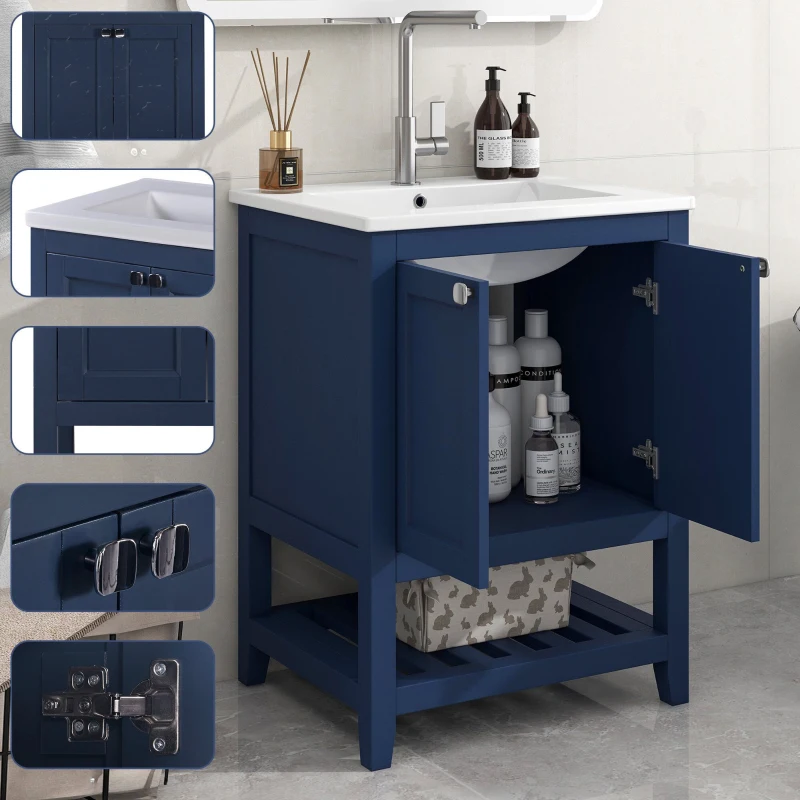 Meuble de salle de bain avec lavabo simple et meuble sous-vasque 61 cm, lavabo en céramique, patins antidérapants, étanche et résistant à l'abrasion, 61×46×90 cm, Bleu Marine