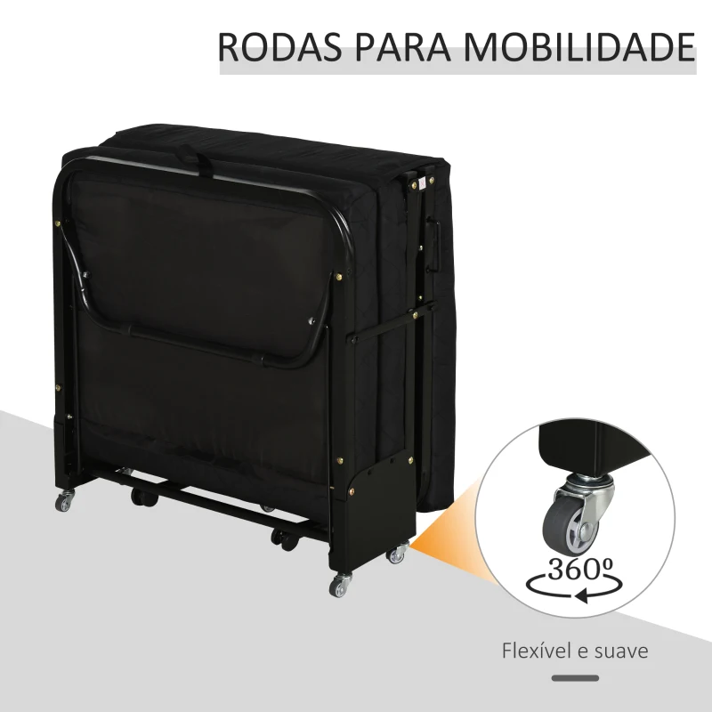 HOMCOM Cama Dobrável 184x65 cm Cama Dobrável Ajustável em 5 Níveis Rodas Universáis e Estrutura de Metal Carga 120 kg Preto