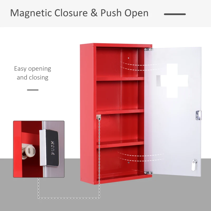 HOMCOM Metalen medicijnkastje, medicijnkastje, EHBO-kast, 4 vakken, rode draaideur